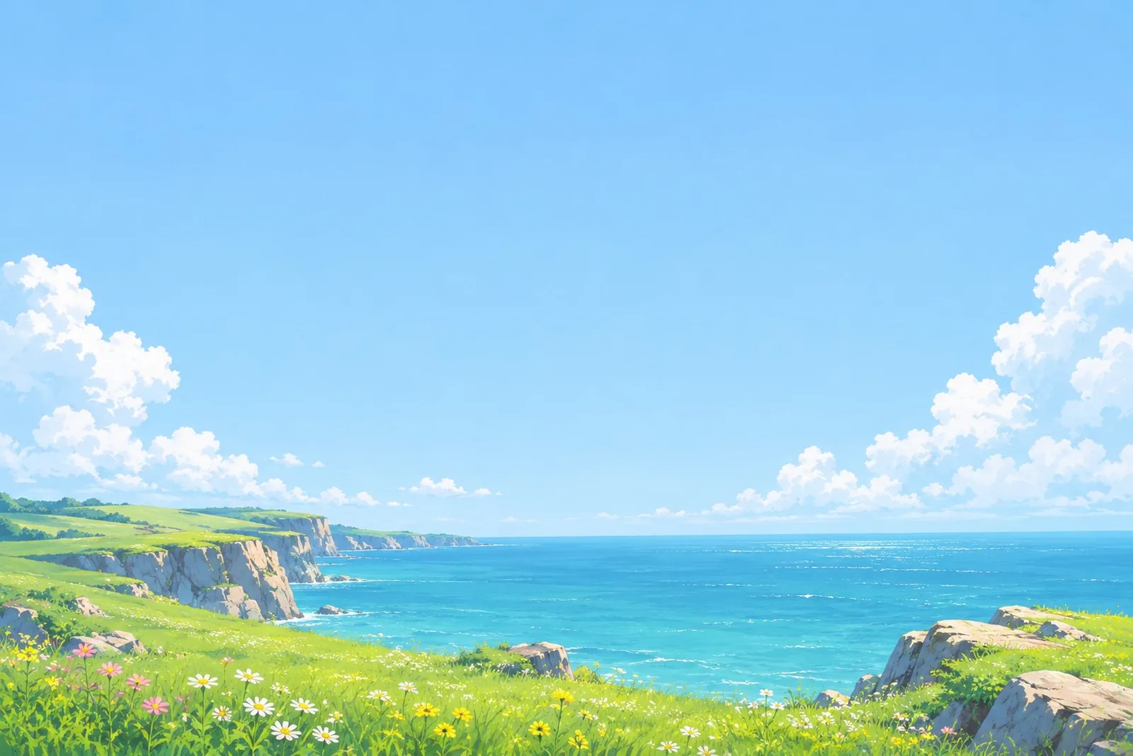 Hand-painted look of green clifftops with wildflowers above a turquoise sea. Big open blue sky with a few clouds at the edges.