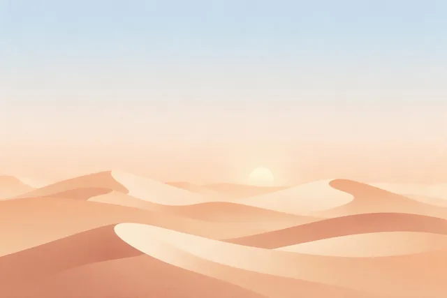 Flat vector sand dunes in apricot and cream with a low pale sun, under a misty blue to peach sky.