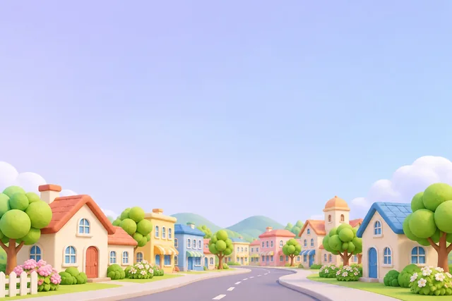 Soft 3D clay street of pastel houses, round trees and a curving road along the bottom, under a lilac sky.
