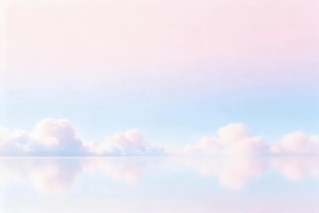 Still lake mirroring soft pastel clouds, with a sky that fades from pink at the top to baby blue at the horizon.