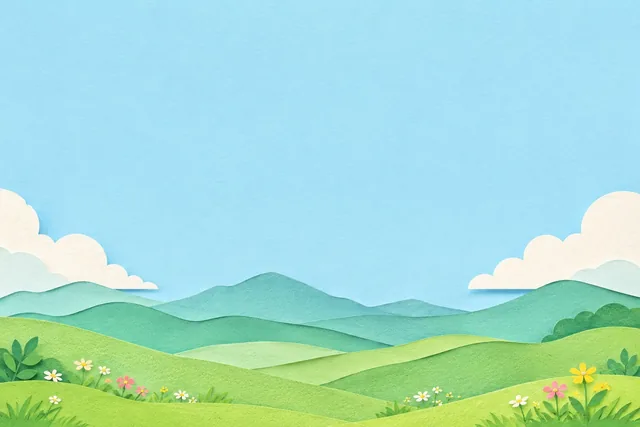 Layered paper-cut hills in soft greens with small flowers in front, under a plain pale blue paper sky and two cream clouds.