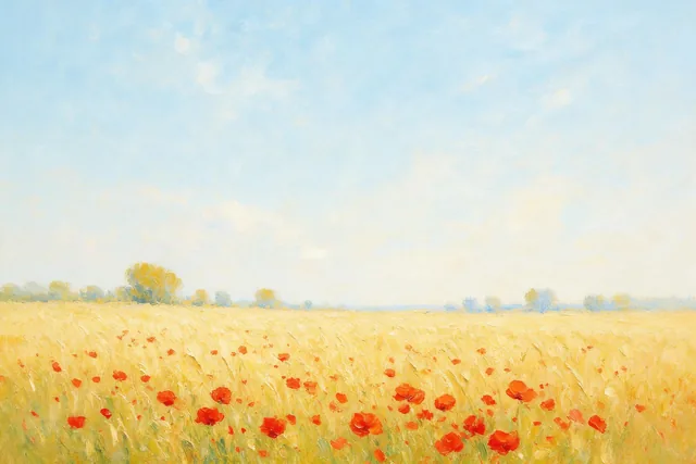 Impressionist oil painting of a golden wheat field with red poppies, a line of trees and an airy blue sky.