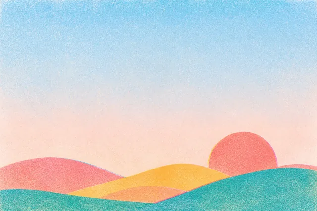 Grainy risograph print: blue sky fading to peach, a coral sun behind coral, yellow and teal hills.